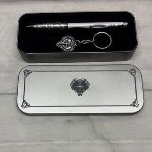 Silver Pen and Cross Keychain Set in Gift Tin